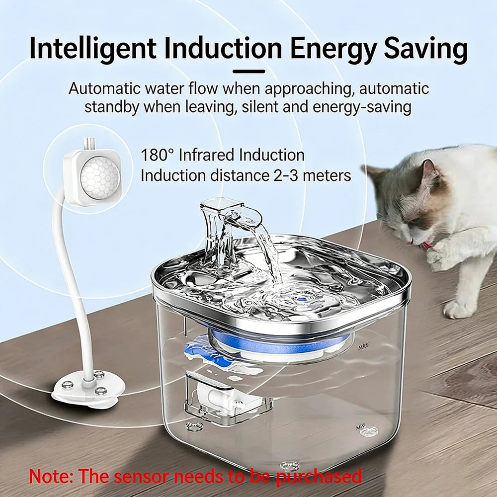 2L Stainless Steel Smart Pet Water Dispenser Auto Circulates Flowing Water Water Cats Dog Drinking Bowl Visual Level 5000mAh