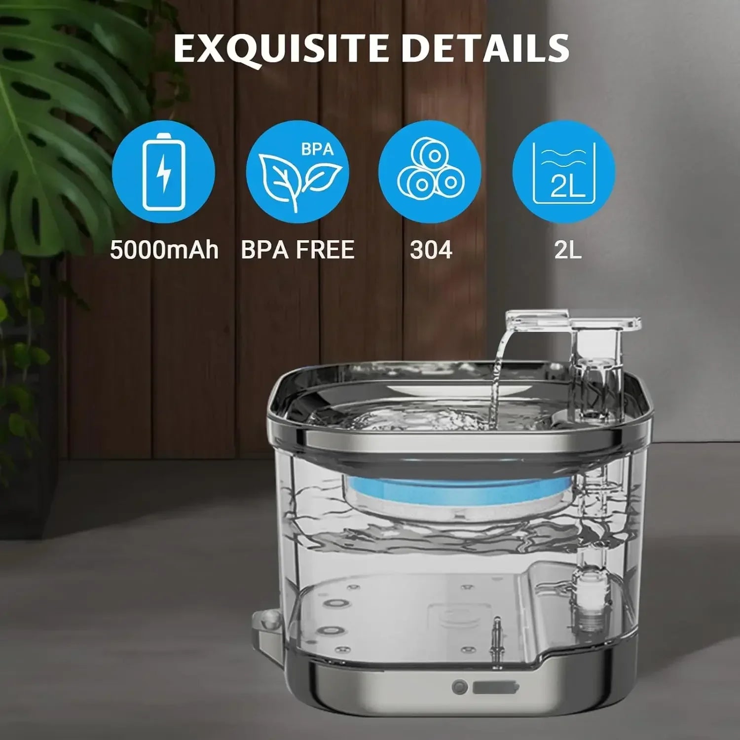 2L Stainless Steel Smart Pet Water Dispenser Auto Circulates Flowing Water Water Cats Dog Drinking Bowl Visual Level 5000mAh