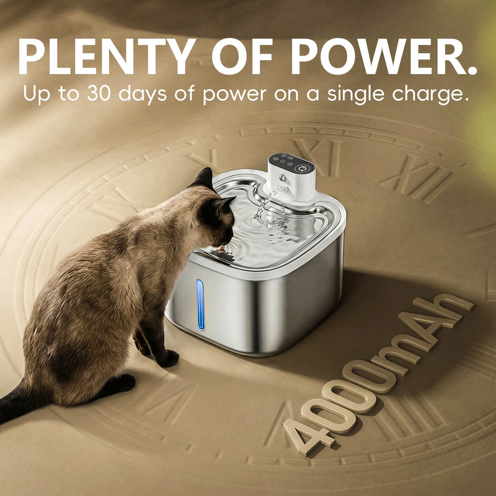 Cat Water Fountain 3.5L Wireless Inductive Pet Water Purifier,  Mute Pump and Stainless Steel Tray, 4000mAh Rechargeable Battery