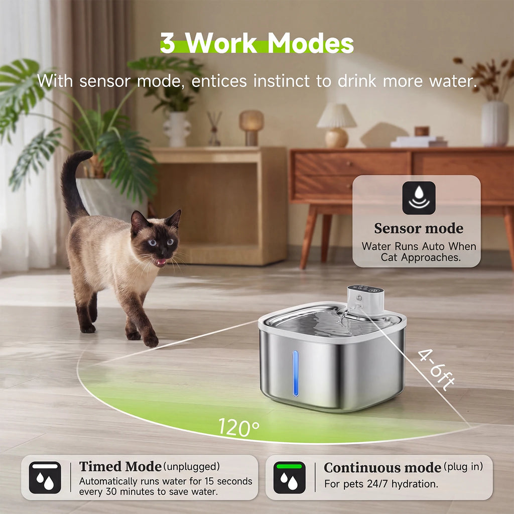 Cat Water Fountain 3.5L Wireless Inductive Pet Water Purifier,  Mute Pump and Stainless Steel Tray, 4000mAh Rechargeable Battery