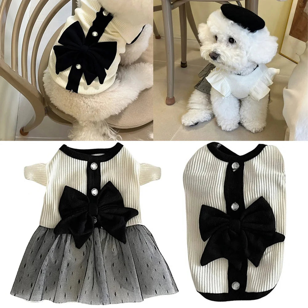 Dog Dress for Small Dogs Luxury Summer Puppy Clothes Bow Lace Dog Skirt Black White Dog T Shirt Girls Dog Costume Chihuahua Vest