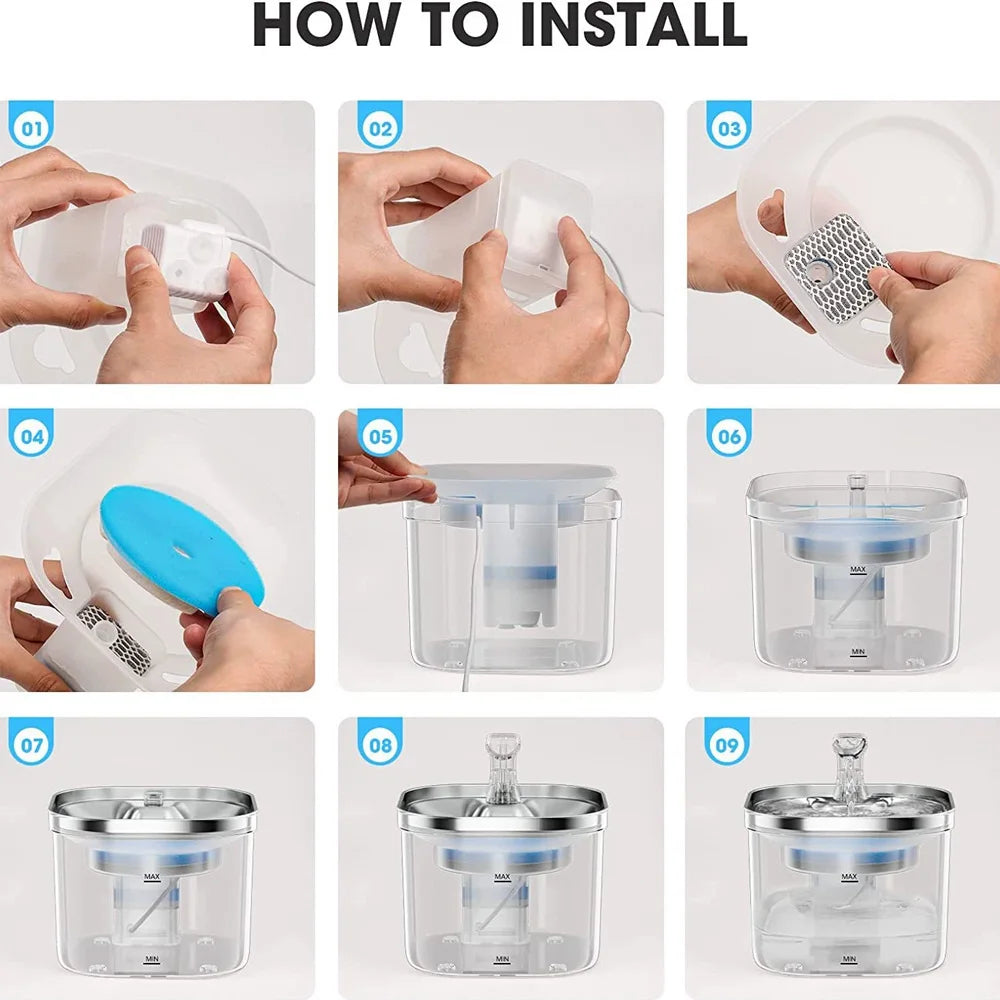 2L Stainless Steel Smart Pet Water Dispenser Auto Circulates Flowing Water Water Cats Dog Drinking Bowl Visual Level 5000mAh