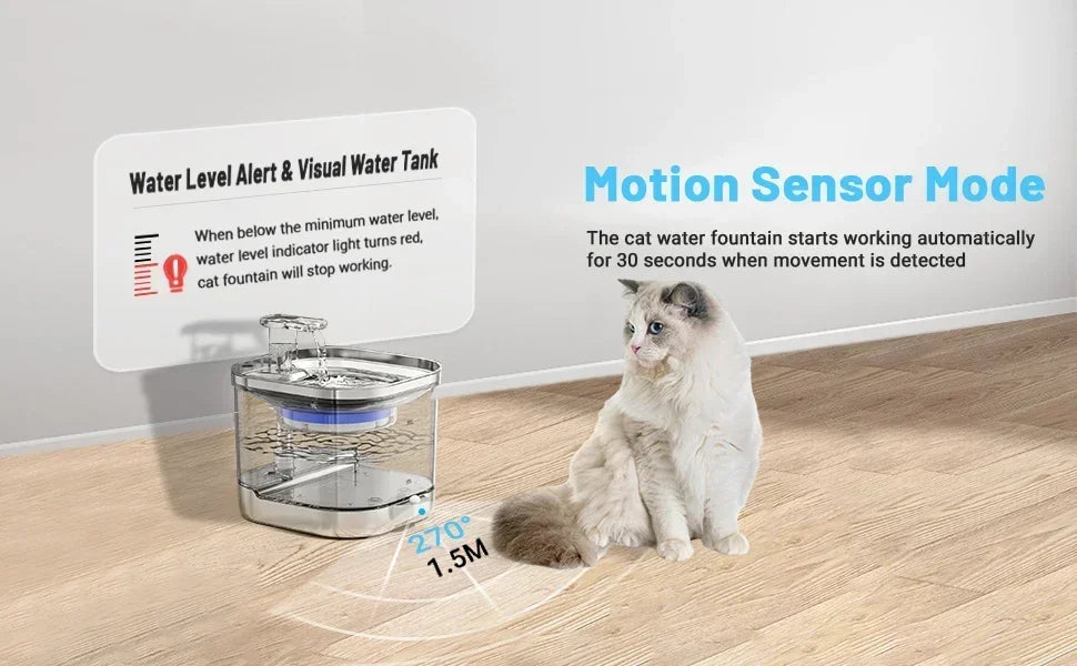 2L Stainless Steel Smart Pet Water Dispenser Auto Circulates Flowing Water Water Cats Dog Drinking Bowl Visual Level 5000mAh
