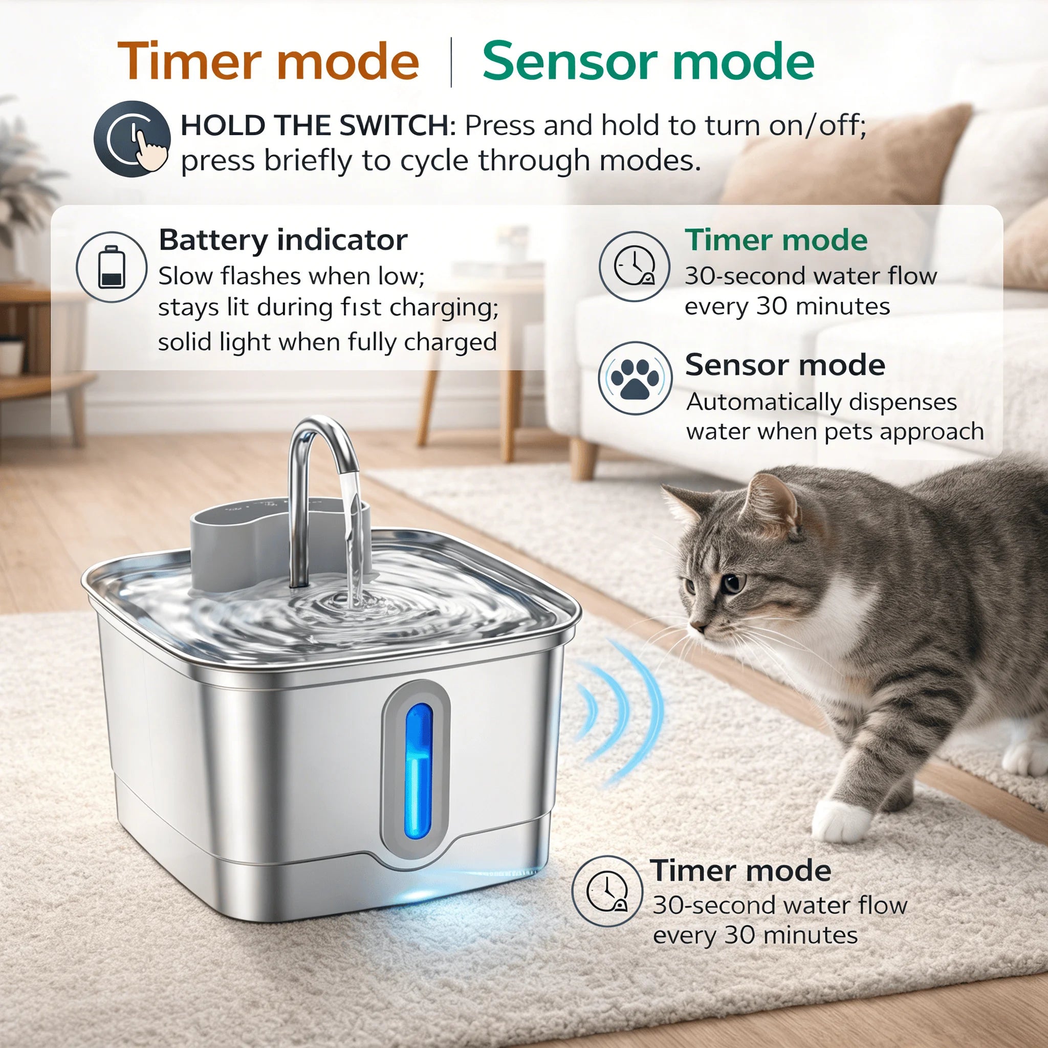 🐱 Fuente de agua automática para gatos de acero inoxidable | Inalámbrica, silenciosa y con sensor ⭐ 4.8/5 (2.300+ clientes)