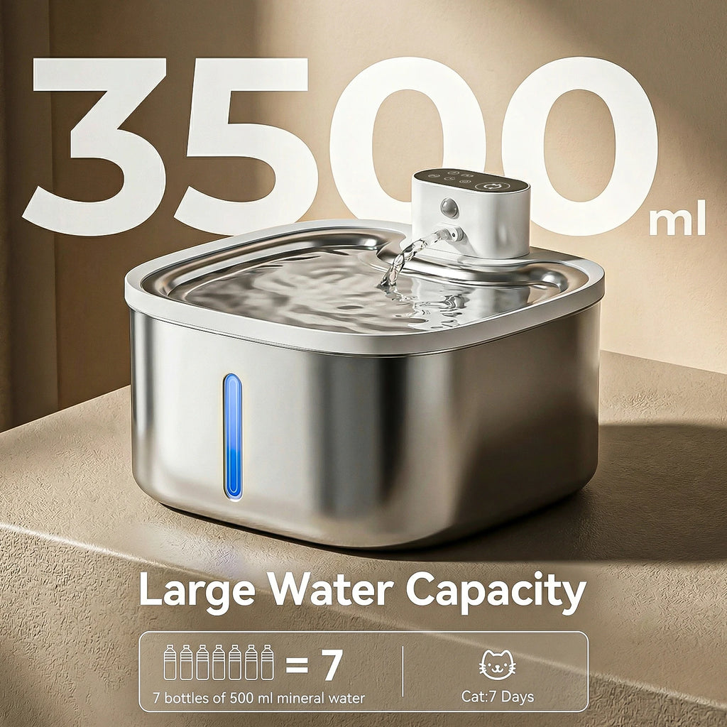 Cat Water Fountain 3.5L Wireless Inductive Pet Water Purifier,  Mute Pump and Stainless Steel Tray, 4000mAh Rechargeable Battery