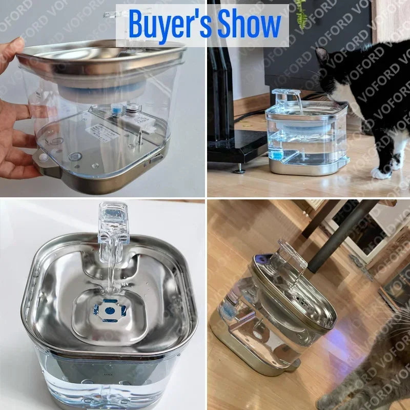 2L Stainless Steel Smart Pet Water Dispenser Auto Circulates Flowing Water Water Cats Dog Drinking Bowl Visual Level 5000mAh