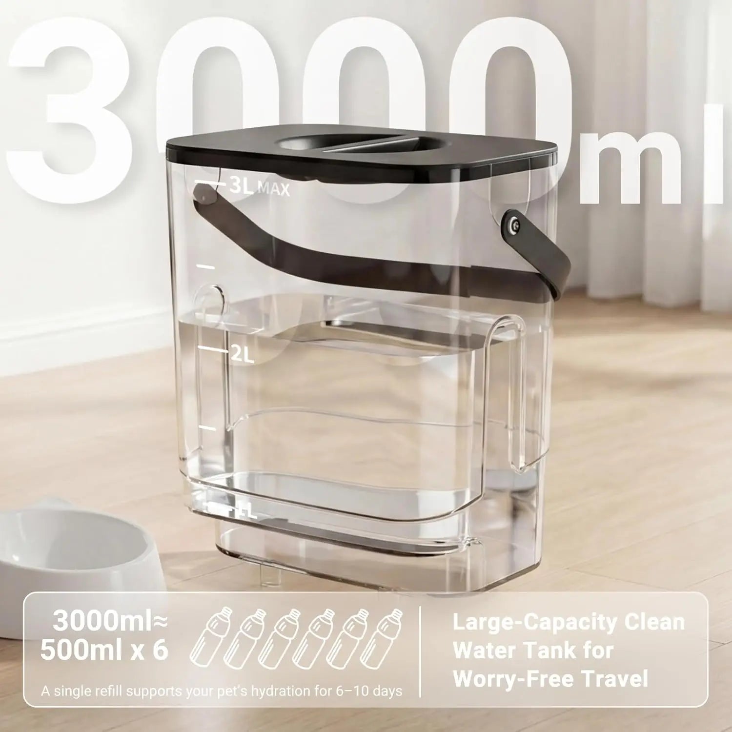 Filterless Cat Water Fountain 3L Wireless Motion Sensor with 4000mAh Battery Stainless Steel Bowls Quiet Black