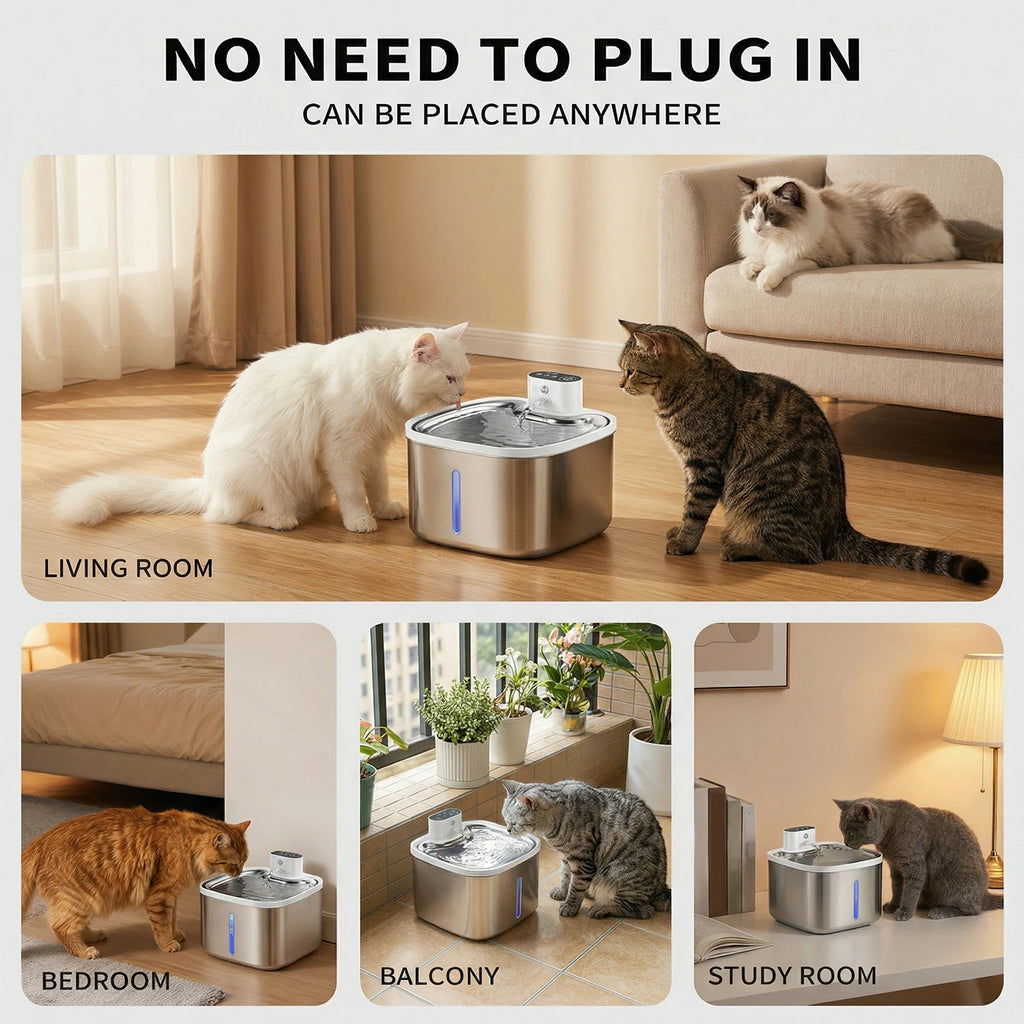Cat Water Fountain 3.5L Wireless Inductive Pet Water Purifier,  Mute Pump and Stainless Steel Tray, 4000mAh Rechargeable Battery